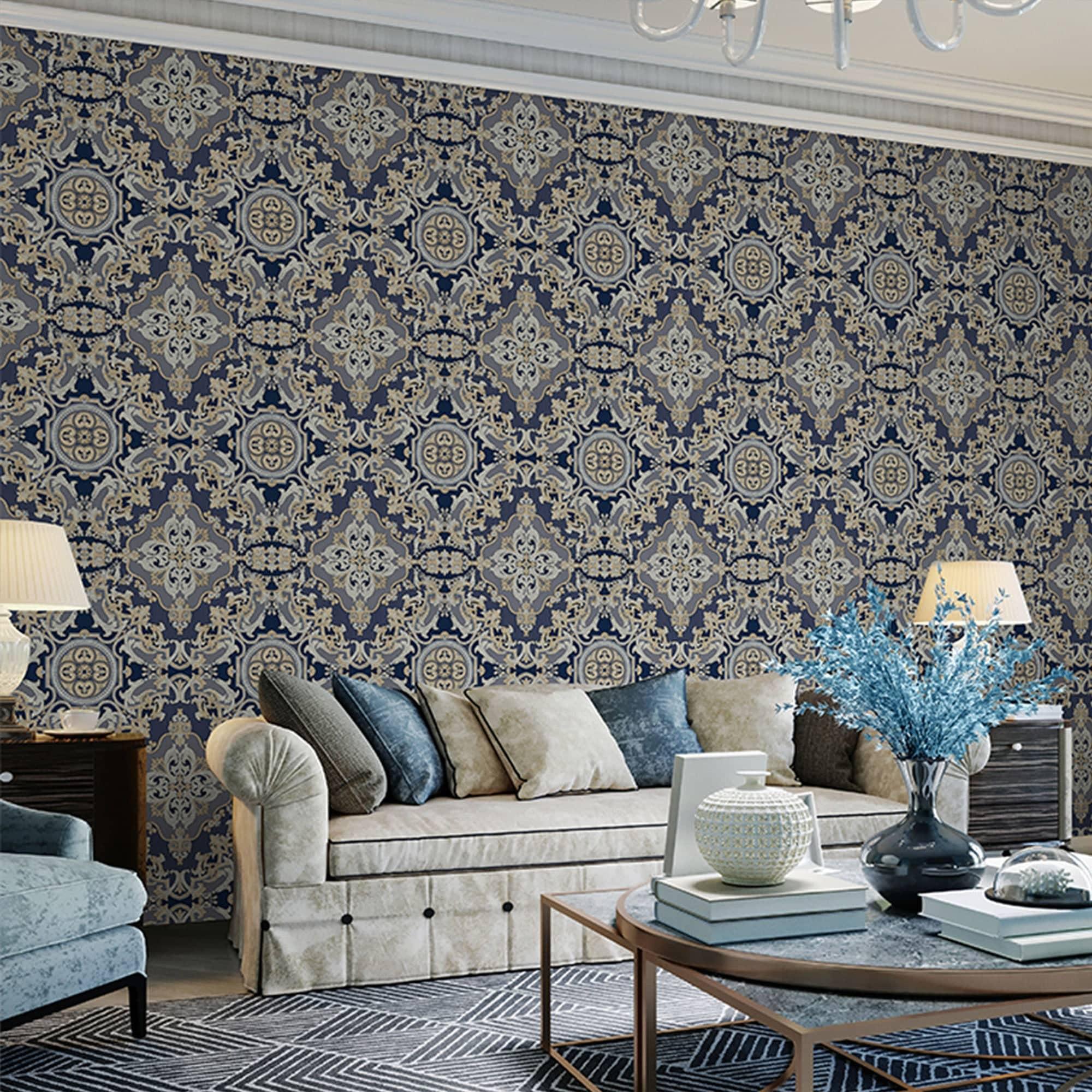 Embossed damask wallpaper in a finished living room